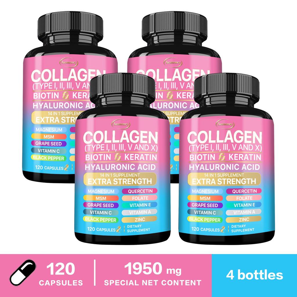 Collagen Peptide Capsules Containing Biotin, Keratin, Vitamin C, Vitamin E, Zinc, Magnesium, and Skin Health Support.