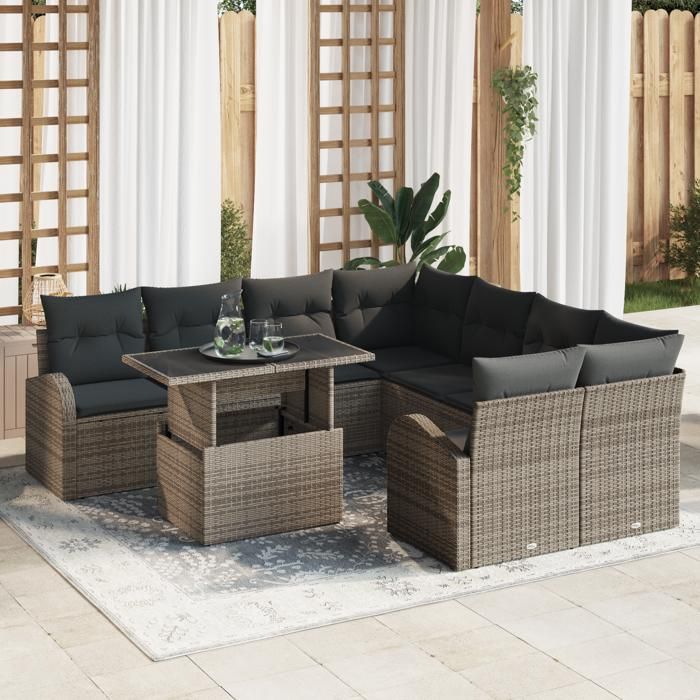 VidaXL Ensemble de canapés de jardin 9 pièces avec coussins Gris Poly rotin 3348615