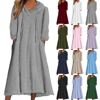 Lässiger Rundhalspullover für Damen mit langen Ärmeln, lockeres Wollkleid mit Kapuze und langen Ärmeln