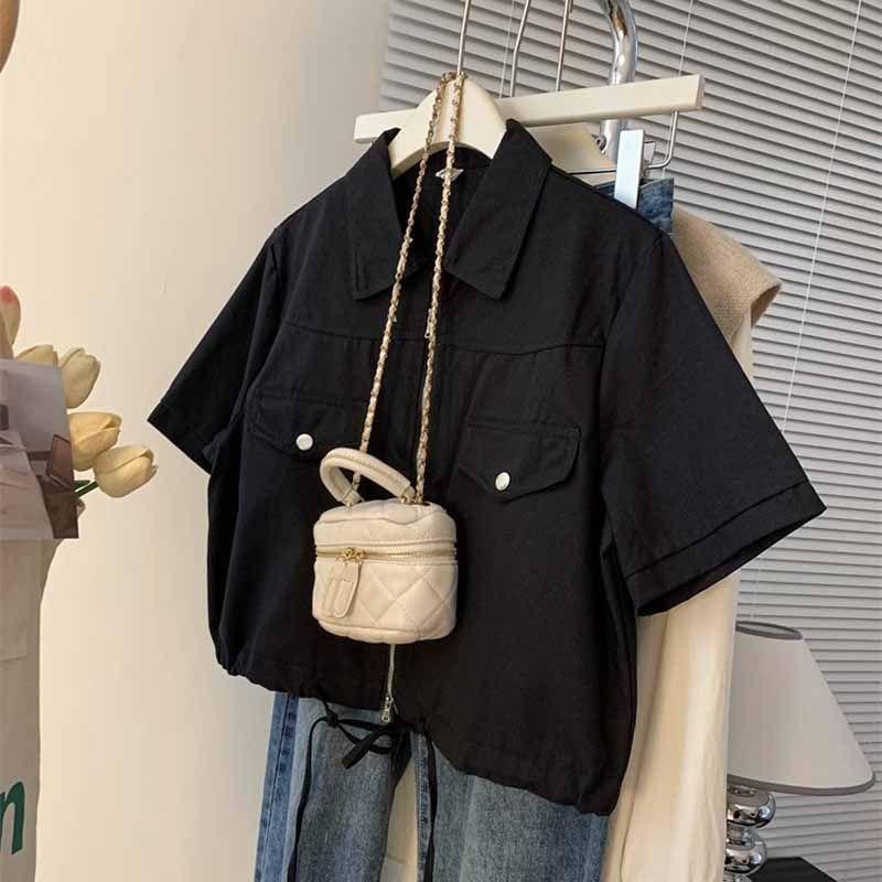 Women's Cropped Button-Down Shirt Casual Short Sleeve Blouse with Flap Pockets