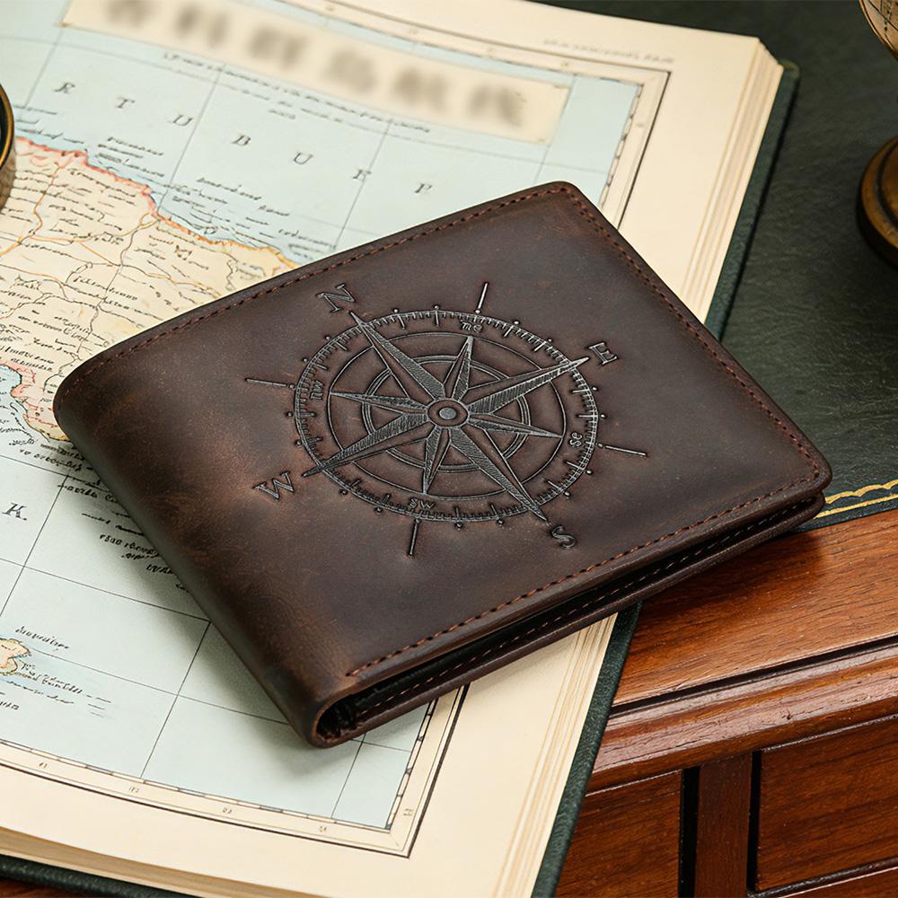 Vintage Genuine Crazy Horse Leather Men's Wallet Embossed Compass Design RFID Blocking Bifold Wallet Retro Simple Credit Card Holder Billfold