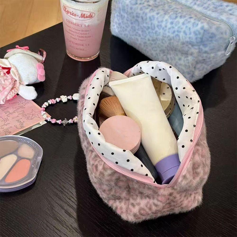 Durable Multi-functional Fuzzy Makeup Bag Leopard Print Large Capacity Toiletry Organizer Portable Travel Storage Pouch Girls
