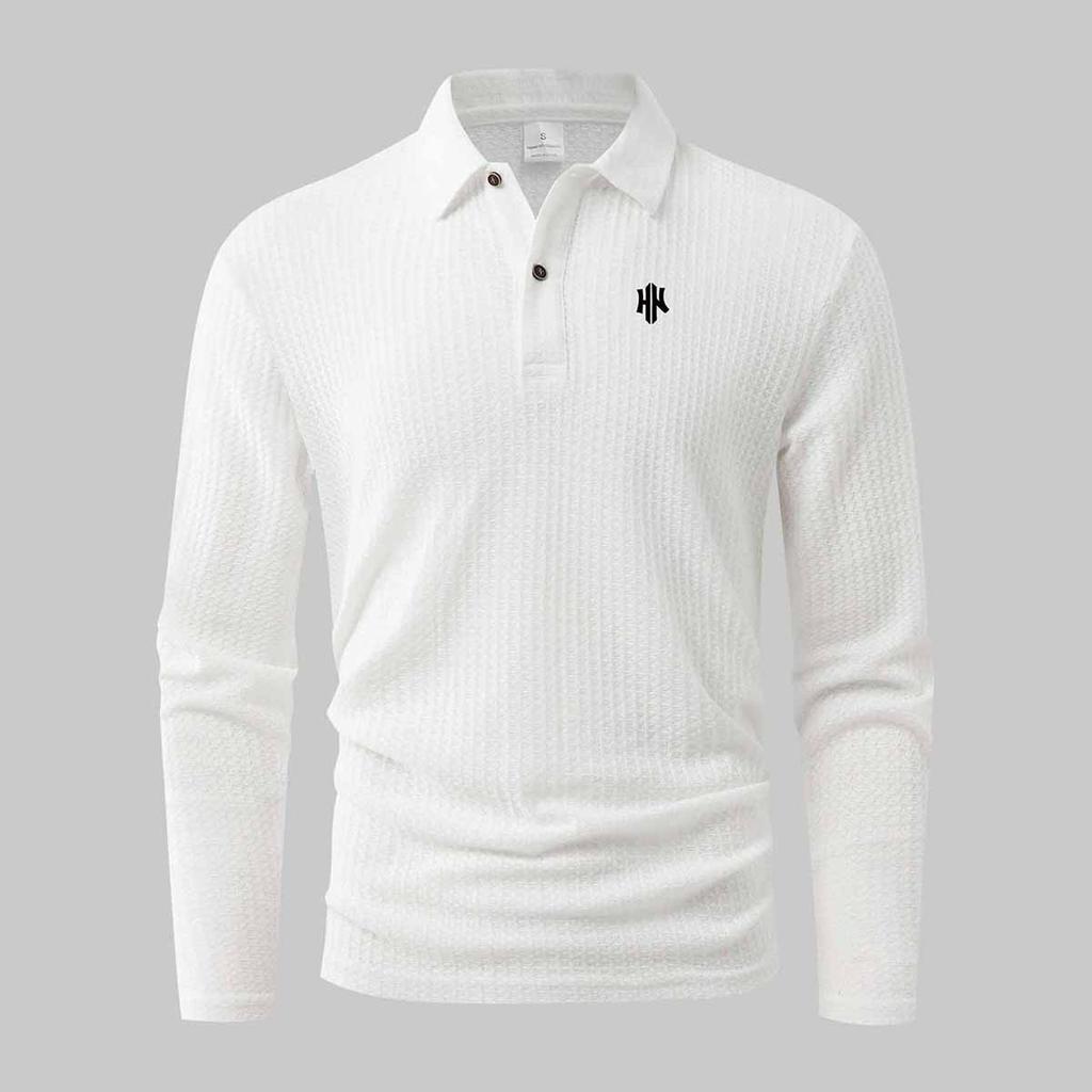 Polo Shirts for Men Geometric HK Print Ribbed Long Sleeve
