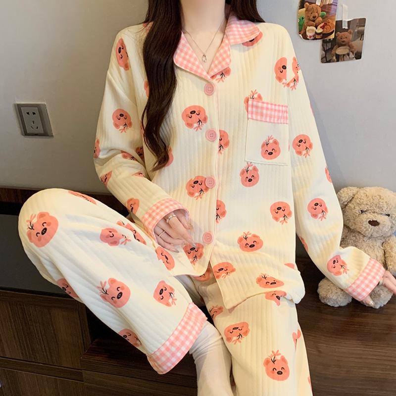 Air cotton pajamas women's autumn and winter long sleeves thickened interlayer warm stars cat student loungewear real shot