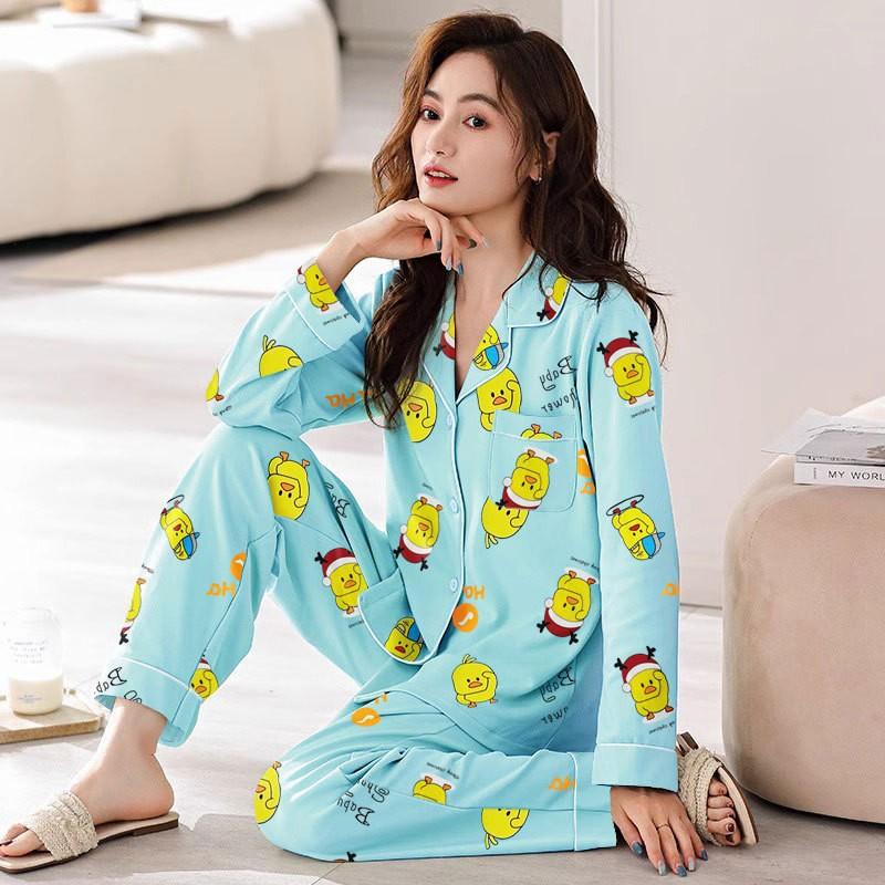 Spring And Autumn Pajamas Women'S Cardigan Long-Sleeved Trousers Korean Girls' Simple Cartoon Loungewear Suit Can Be Worn Outside
