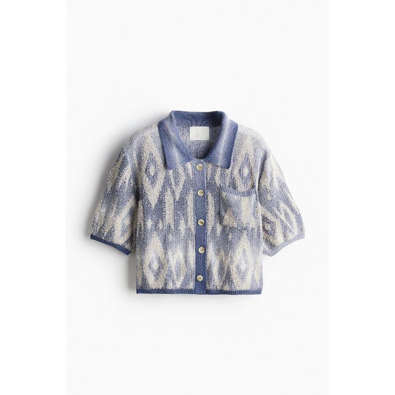 

HM Women s Clothing Wool Knitwear Autumn Button Single Pocket Jacquard Short Sleeve Short Cardigan 1233201 Blue 155/80(XS)