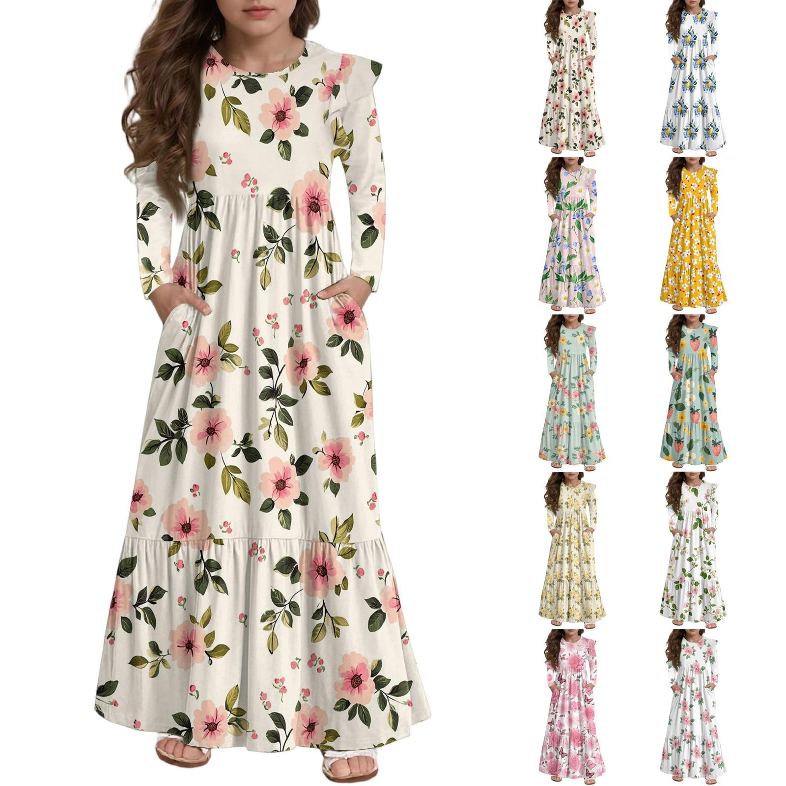 

Girls Tiered Ruffle Dress - Long Sleeve Printed Maxi With Pockets 160 жовтий