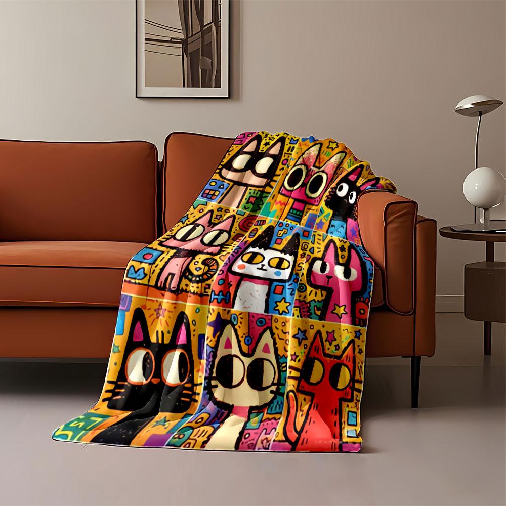 Colorful cartoon cats with large eyes against vibrant geometric backgrounds. for all seasons blanket lunch break throw gift