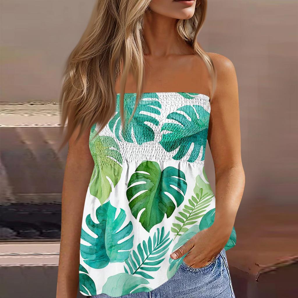 Women's Summer Fashion Strapless Top, Cute and Sexy Off-Shoulder Hawaiian Print Sleeveless T-Shirt