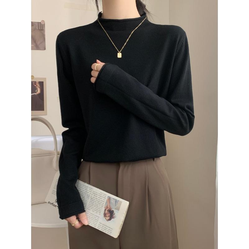 Spring black sweater women's high-end crimped inside knitted top semi-turtleneck temperament versatile bottoming shirt