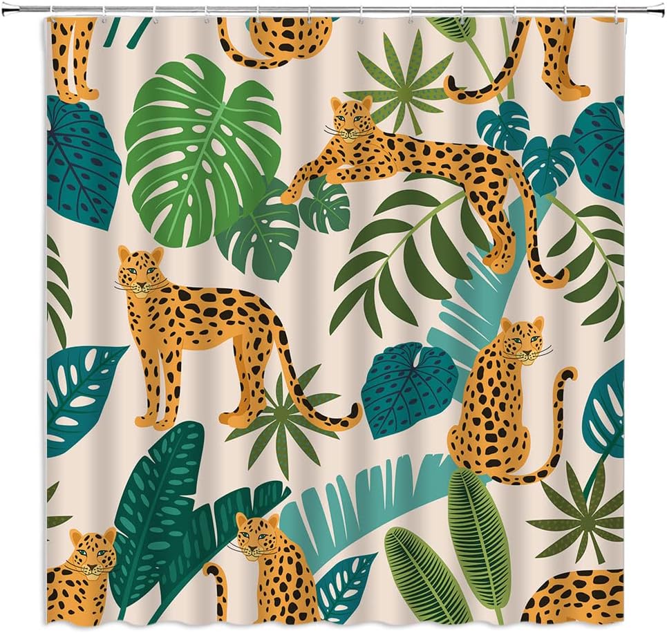 Leopard Palm Shower Curtain - Cheetah Tropical Jungle, Pink Yellow Green, Boho Modern Art, Polyester, Includes Hooks, Bath Decor