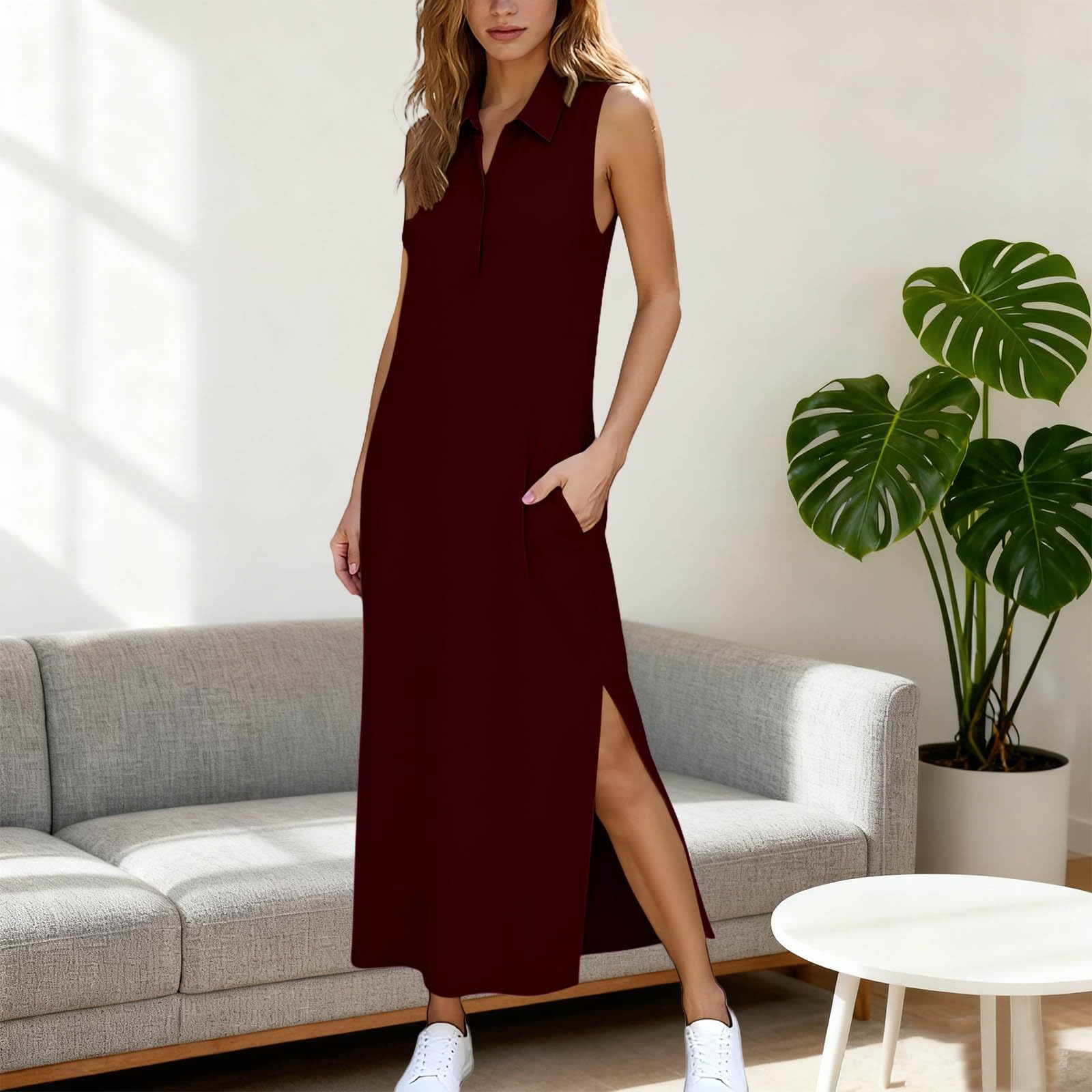 

Sleeveless Maxi Womens Summer Dresses with Collar and Side Slit Elegant Dresses for Women Beach Dresses for Women Vacation Dresses for Women 2026 M винний