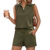 Women Sleeveless Two Piece Set V Neck Top with Collar and Drawstring Waist Shorts Casual Lounge Wear Summer Outfit