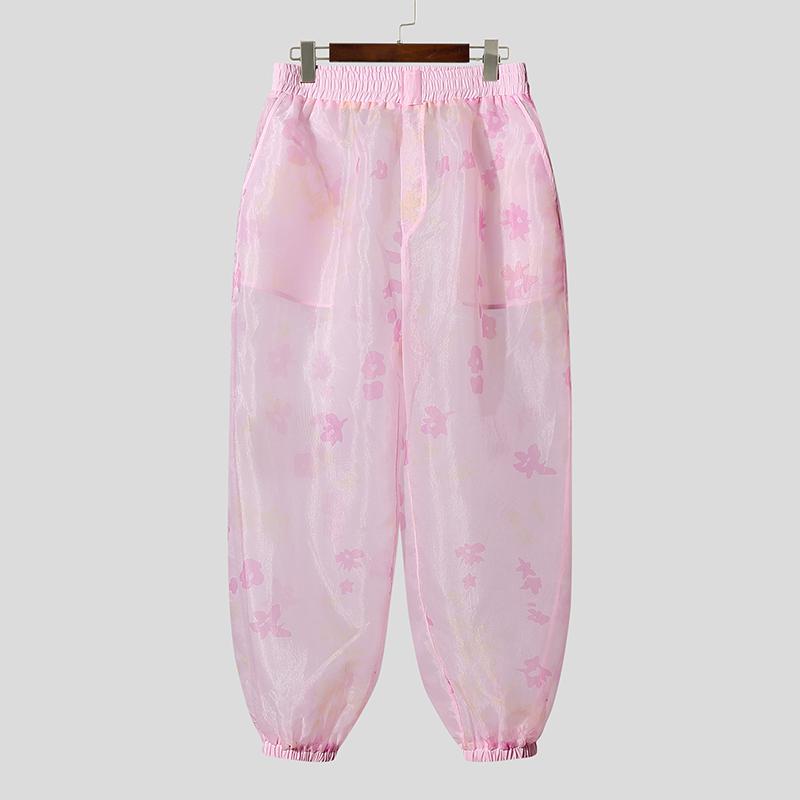 INCERUN Pánské elastické pasové potisk síťované průsvitné šití streetwear harémové kalhoty