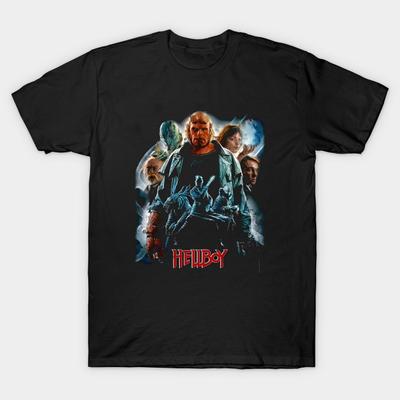 Asian Size Men Black Print T-shirt Hellboy Retro No-Cut Heat Transfer Print Cotton Tshirt