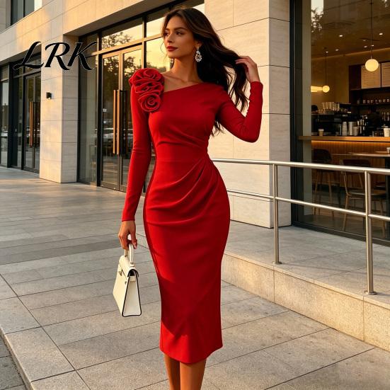 Simple Style Dress Women's Cocktail Party Bodycon Midi Dress, Long Sleeve 3D Women Casual Flower Ruched Formal Wedding Guest Evening Gown Retro