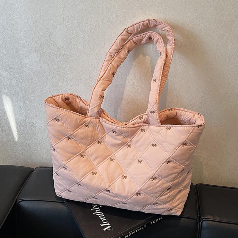 Large Capacity Shoulder Bag Cute Sweet Bow Prints Handbag Soft Puffer Tote Bag Women Commute Casual Simple Storage Bag