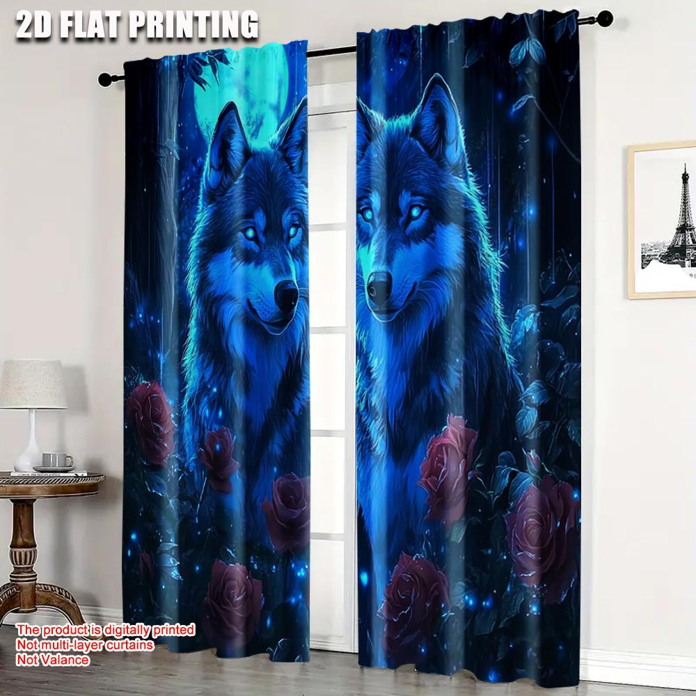 2pcs   Popular Curtain Panels  plane printing Mystical Wolf & Blue Roses Polyester (without rod) Decorations For Home for Home