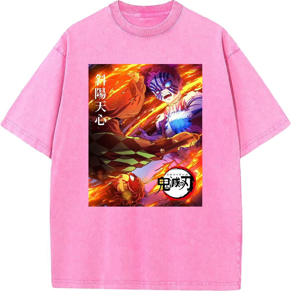 Demon Slayer Tanjirou Akaza Printed Tshirt Men Washed Cotton T-shirts Oversized Streetwear Manga Vintage Tee Harajuku Male Tops