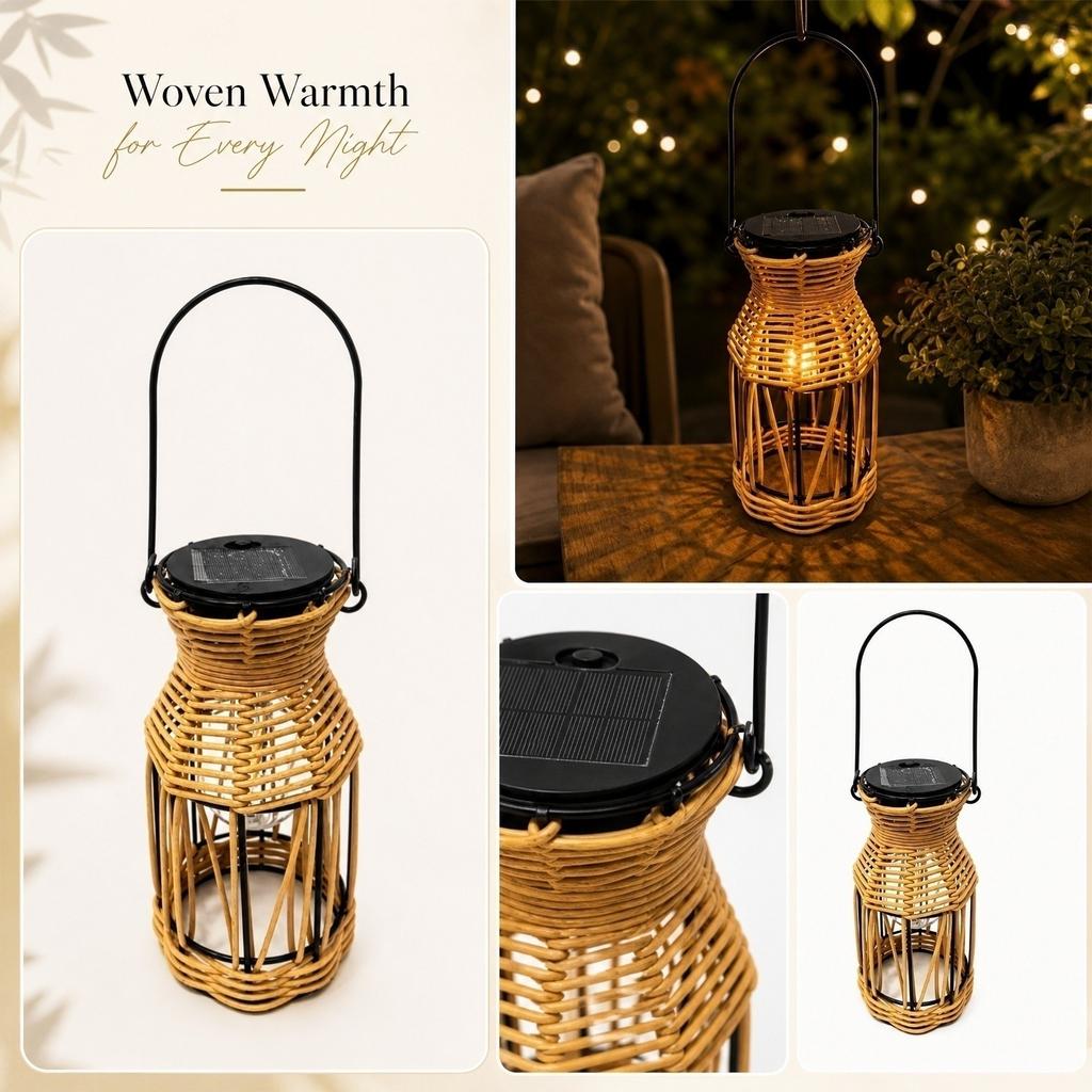 Solar Lantern Outdoor Wicker Handmade Rattan Hanging Lamp Portable Camping Garden Patio Decorative Lighting with Solar Panel and Handle