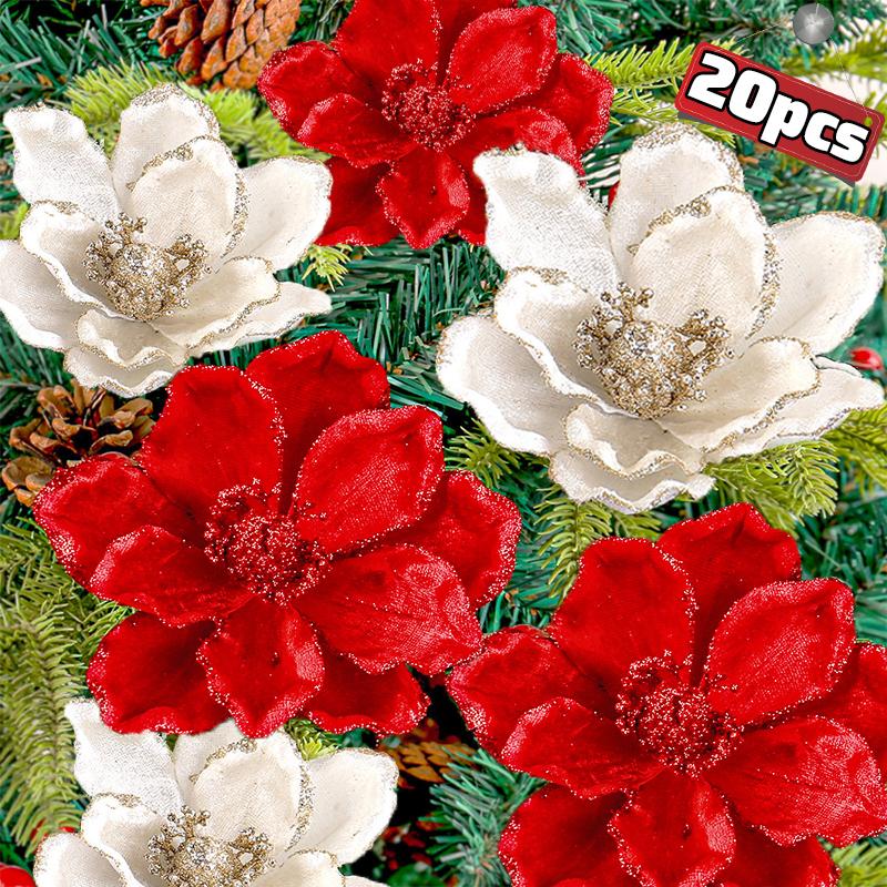 20/1pcs Three-Layer Artificial Christmas Flower Glitter Fake Flowers Florals with Branch for Xmas Tree Ornament Party Home Decor