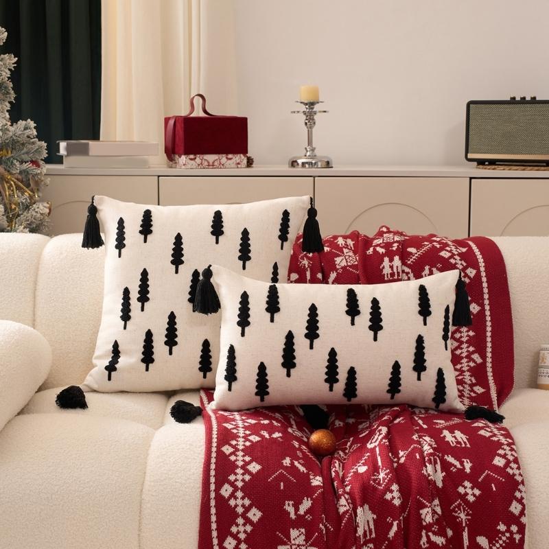 Towel Embroidery Holiday Pillowcase Christmas Tree Designs Breathable Cotton Linen Bedding Decoration