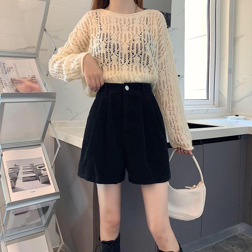 Plus Size High Waist Corduroy Wide Leg Pants Bootcut Shorts for Women - Petite Casual Autumn Winter 2024