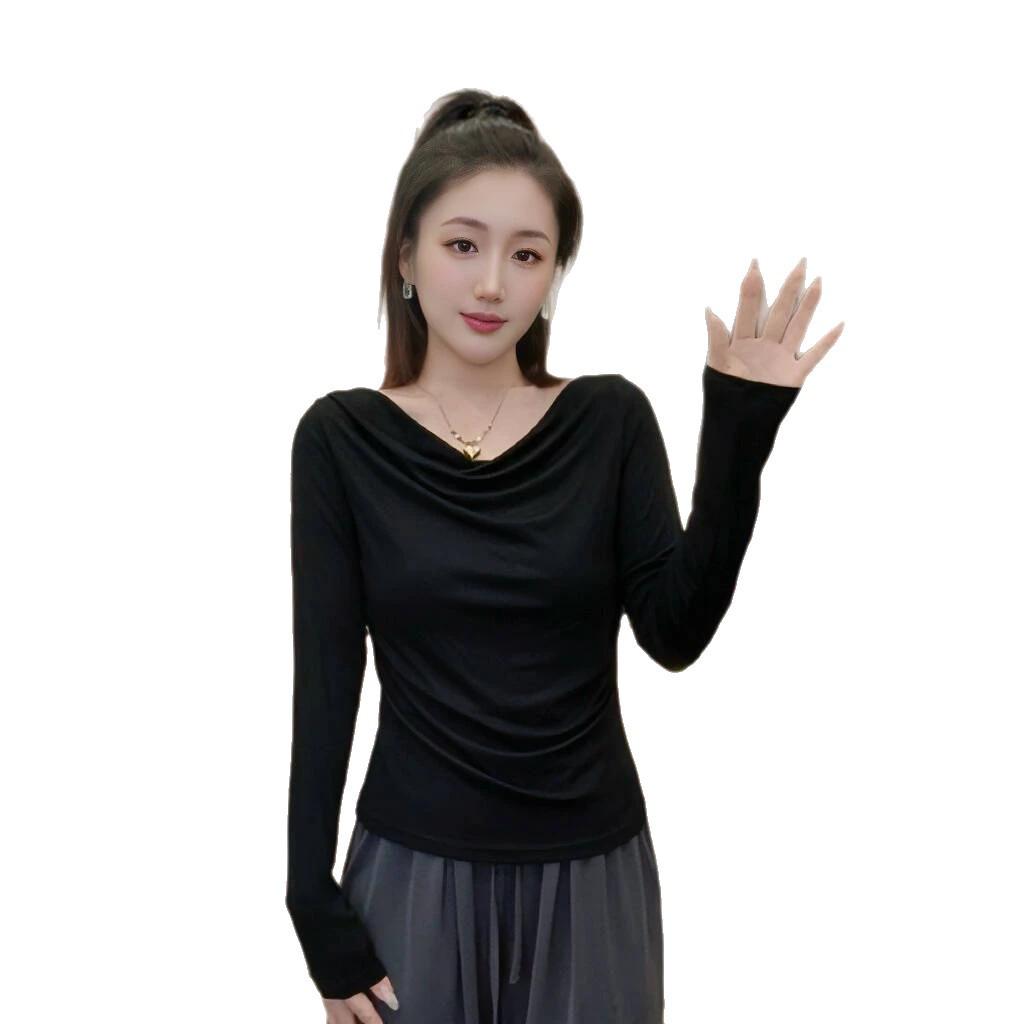 2025 Black One-Shoulder Long-Sleeve Women's T-shirt with Flowing Collar for Spring and Autumn