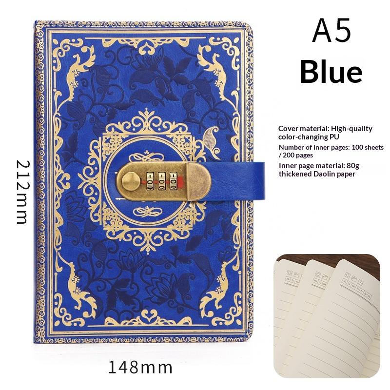 A5 Retro Digital Password Notebook Journal With Lock Diary Pu Leather Privacy Notebook Sub-Password Lock Notebook Supplies синий
