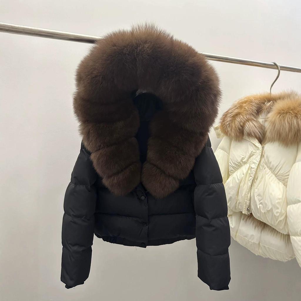 Women's Luxury Down Jacket with Real Fox Fur Hood and Thick Collar - Short Winter Outerwear