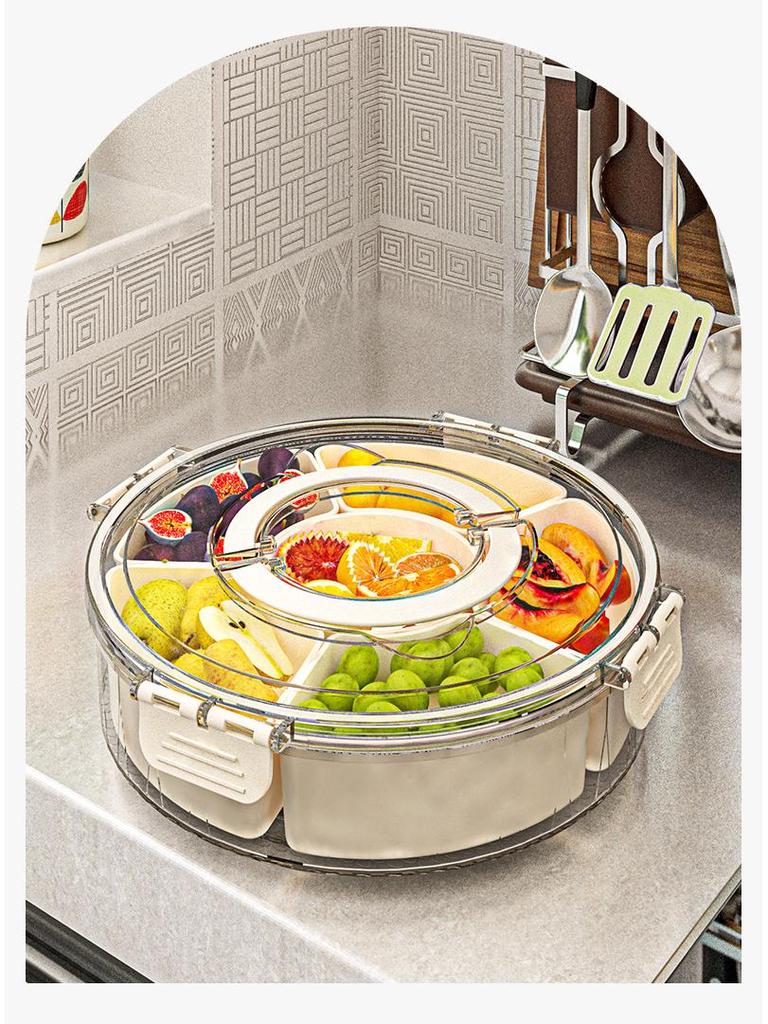 Six-Compartment Rotating Fruit Plate with Handle, Moisture-Proof Lid, Dried Fruit & Spice Box, Round Snack Container