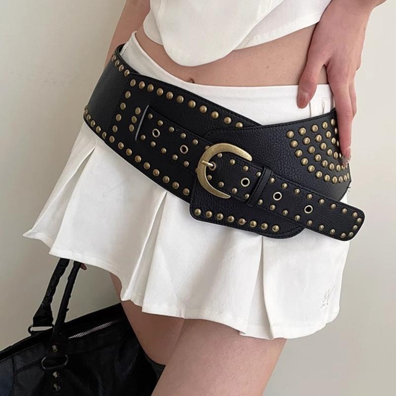 Rivet Studded Belt for Jeans Pants PU Leather Wide Cincher Belt for Shorts Skirt 2000s Girl Clothing Unisex Waist Decors