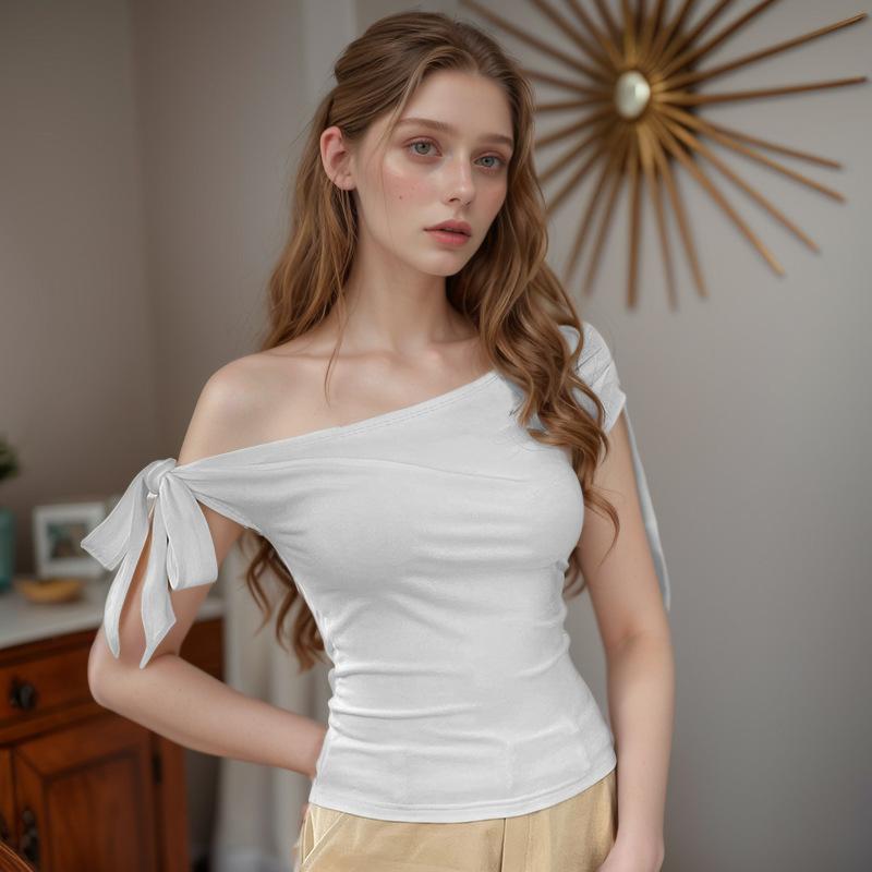 2025 Women'S Summer Ins Style New Shrink Pleated One-Shoulder Crop Top Backless Twist Tie Asymmetric T-Shirt Casual Top