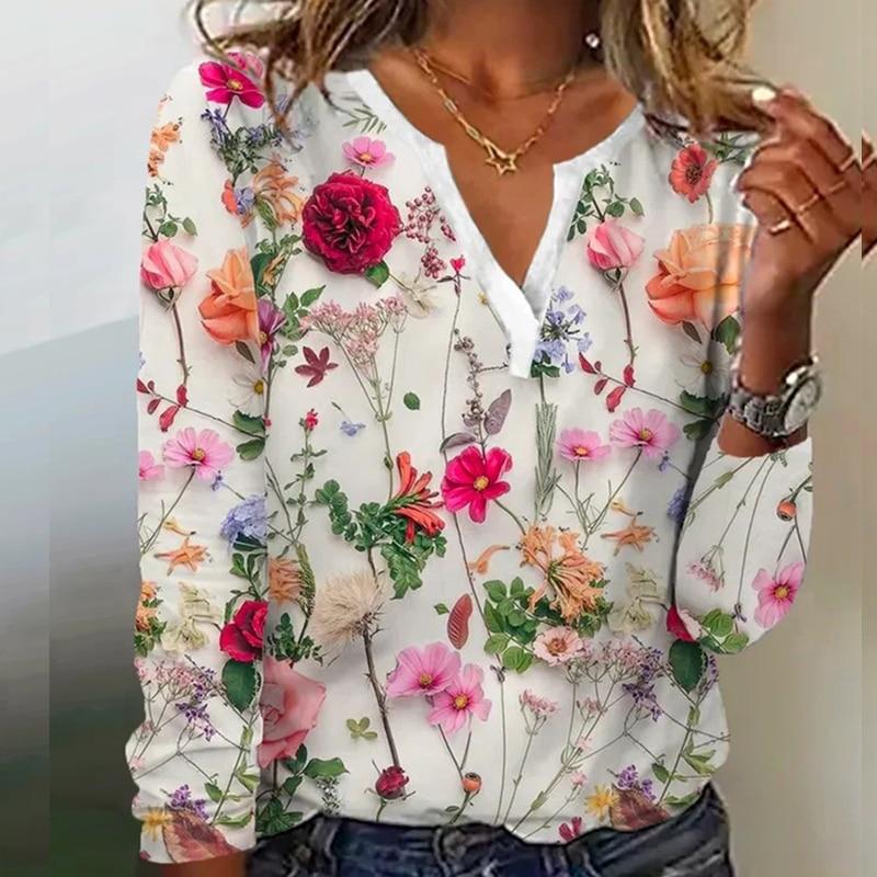 

Элегантные офисные топы, женская повседневная рубашка с растительным цветочным принтом, женская винтажная блузка с v-образным вырезом и длинными рукавами, женская одежда 25966 4XL белый