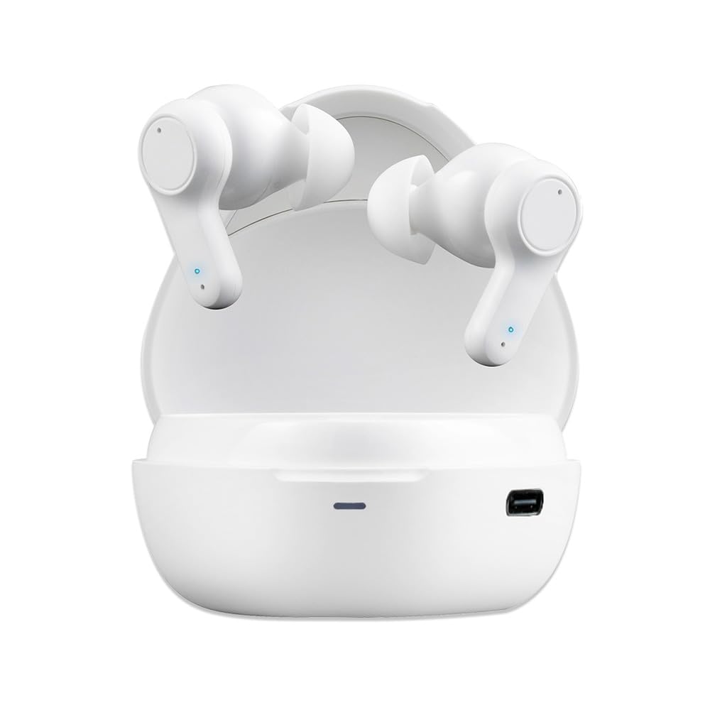 Iris Ohyama Trådløs Bluetooth Aktiv Støy opptil 14 timers kontinuerlig IPX4 Automatisk tilkobling og Hvite ørepropper, 5.0, Støyreduksjon, ANC, Avspilling,