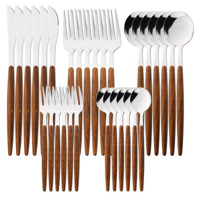 6/30Pcs Imitation Wooden Handle Cutlery Set Knife Cake Fork Coffee Spoons Tableware Stainless Steel Dinnerware Western Flatware