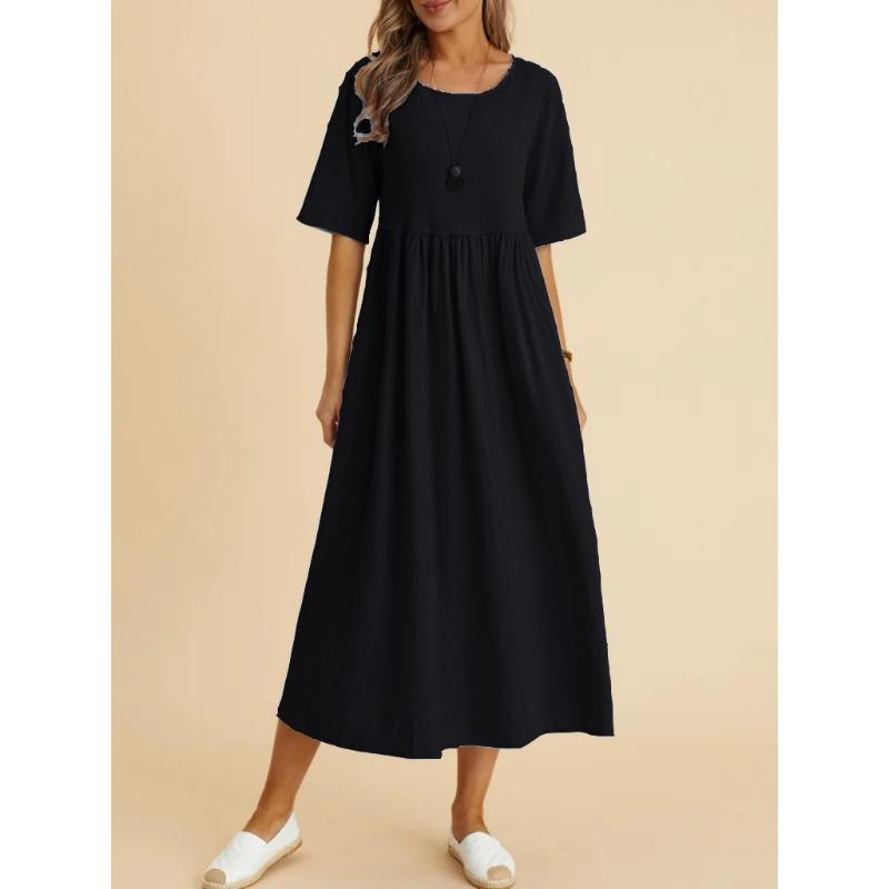 EastRogue Women's Fashion Summer Spring Solid Color Print 1/2 Sleeves O-Neck High Waist Casual Dresses