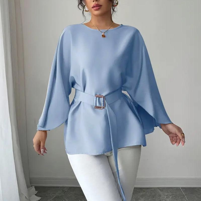 Spring Autumn Solid Belt Casual Loose Blouses Women's Blue Tops Elegant O-Neck Shirts Butterfly Sleeve Blouse Fashion Long Top