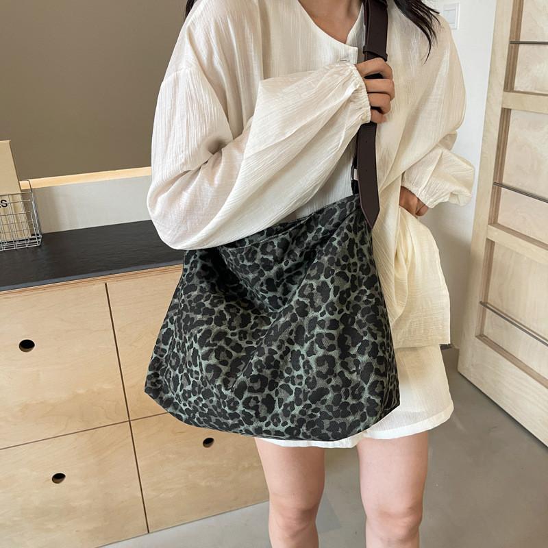 Ielgy Leopard Print Canvas Tote Bag Student Class Large Capacity Underarm Bag