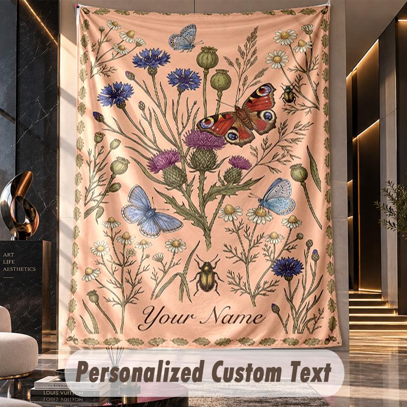Butterflies Flowers Garden 1 Theme Wall Tapestry Customized With Name Text Personalized Hanging Tapestry For Bedroom Living Room Decor
