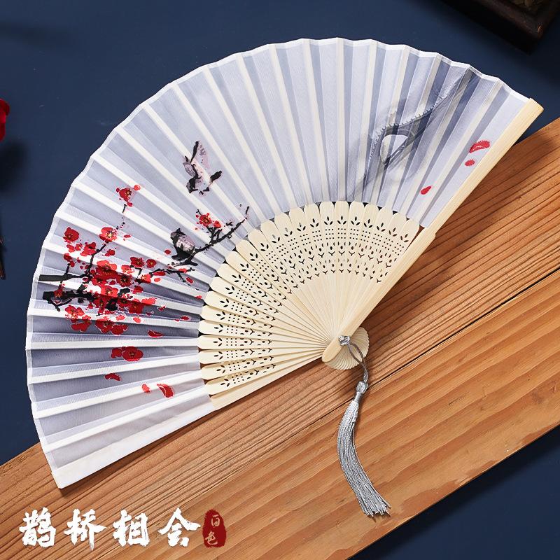 

Chinese Style Tassel Fan Antique Vintage 13 inch Silk Fabric Bamboo Folding Fan Traditional Crane Fan with Ribbon