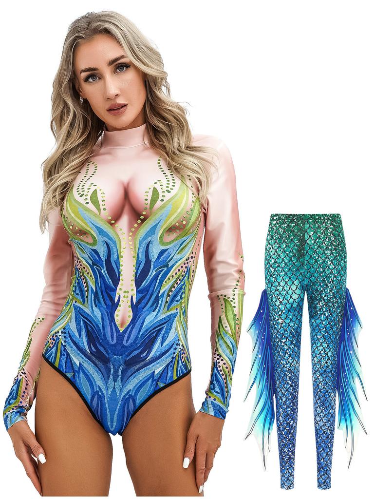 Shimmering Mermaid Stage & Party Jumpsuit S-XL: High Waist Tights Design with Stand Collar, Eye-Catching for Halloween