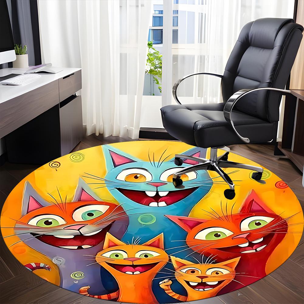 1PC Cat Family Office Round Area Rug, Mat Suitable ForOffice, Under Office Chairs Bedroom Living Room Home Decor, Room Deco