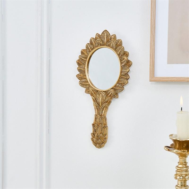 Golden Leaf Embossing Frame Wall Mirror Decorative Oval Handheld Mirror with Handle, Resin Accent Piece for Bedroom Vanity Hallway and Study Decors
