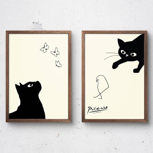 

Picasso Cat, Chick, and Butterfly, Set of 2 Framed Posters by aoipro (Wood Grain Frame)