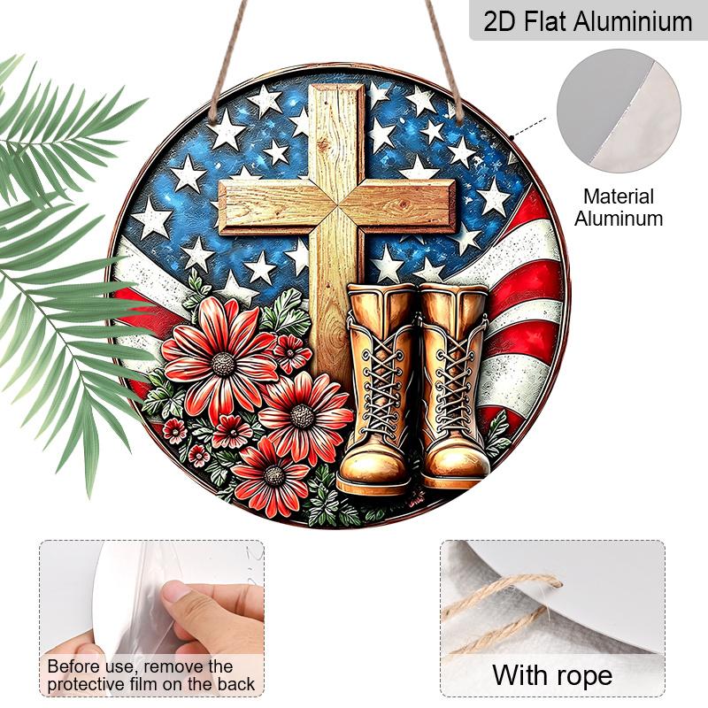 2D Flat Retro Round Aluminum Wall Decor, Memorial Day Cross & Boots Design, Indoor Outdoor Hanging Plaque, Memorial Home Gift