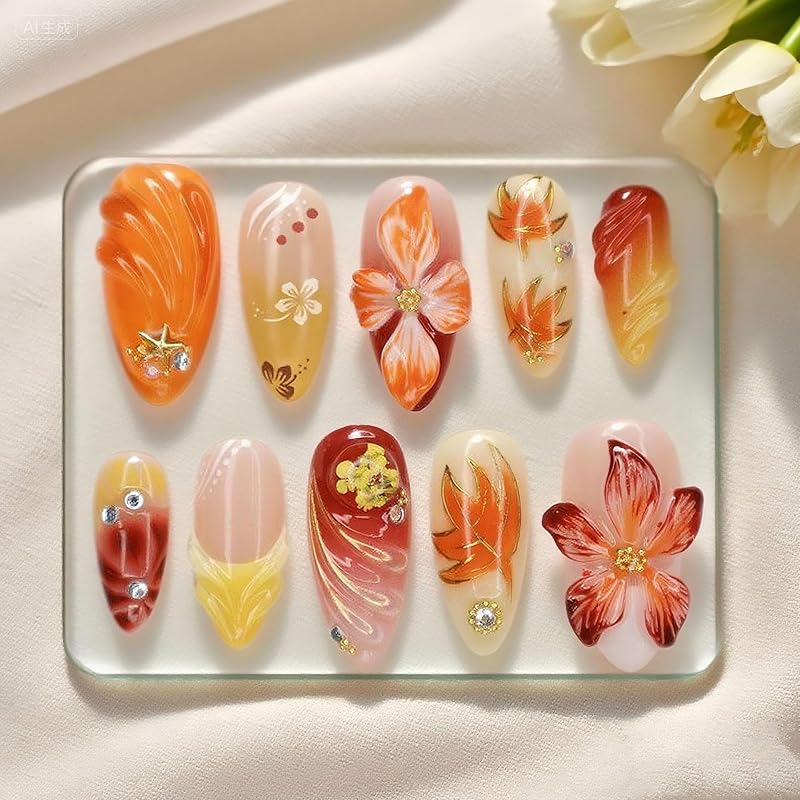 Pink French Tip Press on Nails Medium Almond Fake Nails with 3D Flower Designs Glossy Acrylic False Nails Golden Bead Artificial Glue on Nail