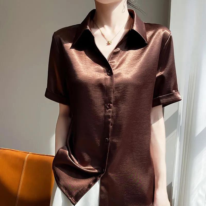 Summer Women Satin Short Sleeve Shirt Elegant Collar Blouse