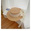 Flat top straw hat women's beach sunscreen bow top hat photo vacation straw weaving simple temperament sun hat