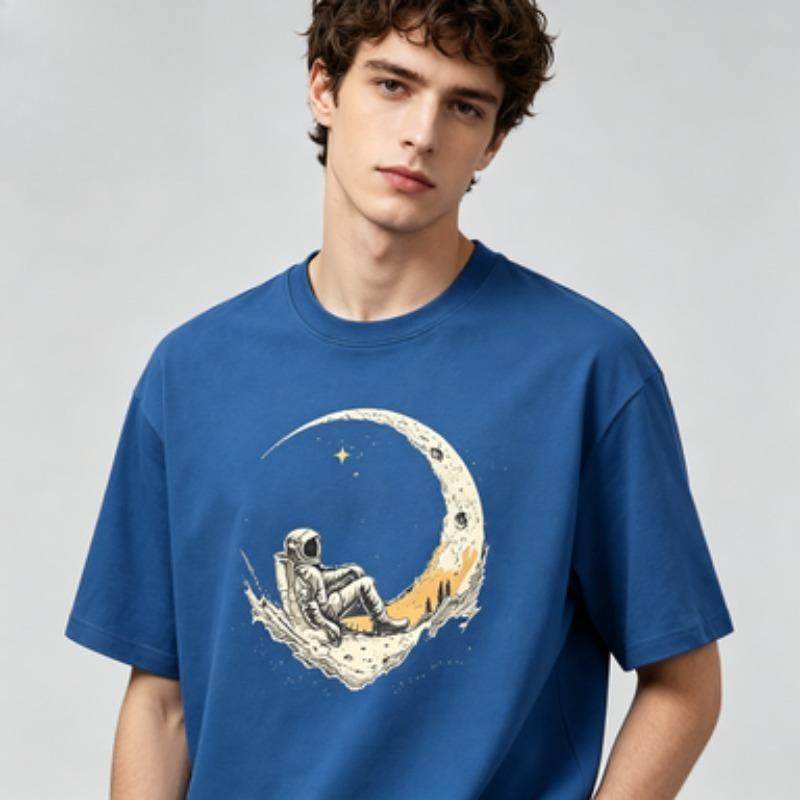 Unisexs Soft Cotton Oversized Tshirt Vintage Moon Astronaut Outer Space Print Short Sleeve Urban Streetwear Basic Tee Tops